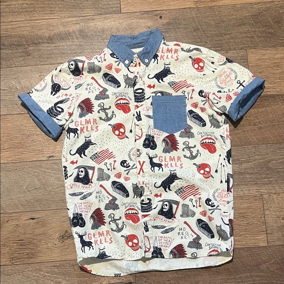 Glamour Kills Graphic Print Shirt with Denim Details - Picture 1 of 4